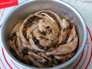 健康美味手撕包【肉桂果干黑麦面包】,放入圆形模具体中，在温暖潮湿处进行最后发酵