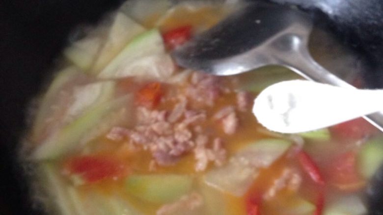 葫芦瓜番茄肉片汤,烧至肉片熟透后，加入盐调味即可