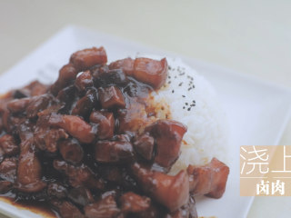台风天的卤肉饭「厨娘物语」,盛1碗米饭倒扣装盘，装饰一些黑芝麻，浇上卤肉。