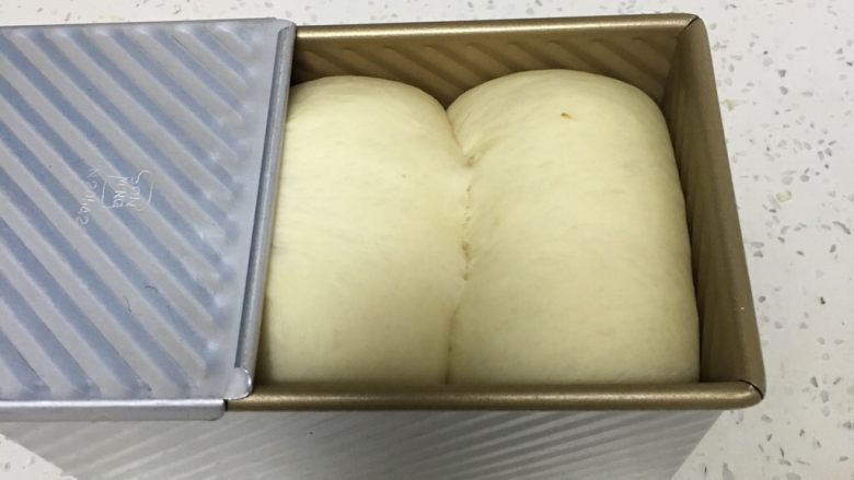 荔枝吐司面包,发酵至九分满，盖上盖子。