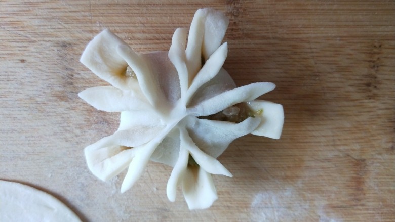 新文美食  菊花生煎饺,在用剪刀把花瓣剪两刀，菊花就做好了。