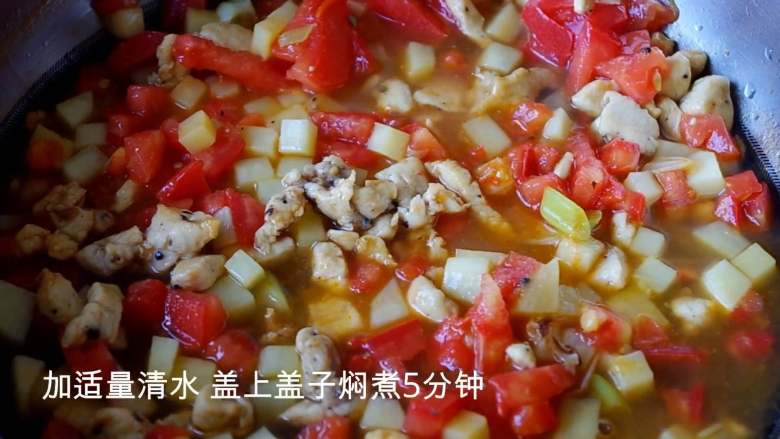 浓情番茄鸡肉焗饭,倒入土豆、西红柿、食盐、翻炒均匀，加适量清水 盖上盖子焖煮5分钟。
