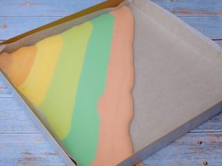 彩虹蛋糕卷,烤盘铺上油纸，先取一个色彩蛋糕糊剪掉底部，慢慢挤上去，一个颜色挤好接着一个颜色挤上