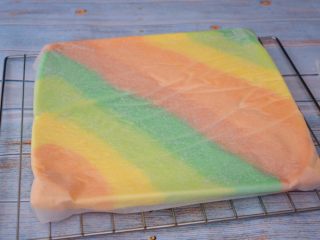 彩虹蛋糕卷,烤好取出震一震，然后倒扣在烤网上