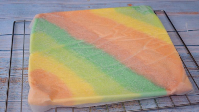 彩虹蛋糕卷,烤好取出震一震，然后倒扣在烤网上