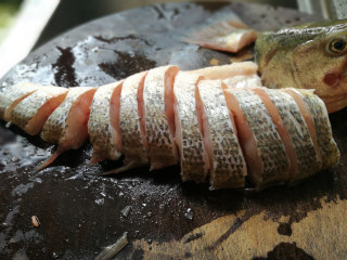 清蒸开屏鲈鱼,从腹部到背部均匀地切片，肚子连刀
