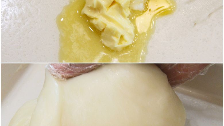 网红拉丝月饼,麻薯蒸好后趁热取出，加入黄油后趁着热的时候用工具或者戴手套揉均匀至黄油吸收。