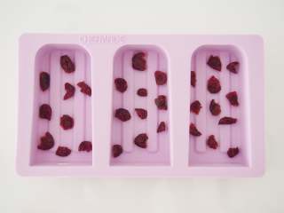 水晶冰糕,模具刷上一层油防粘，在底部铺上切碎的蔓越莓。