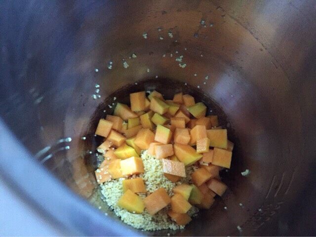 健康养胃的小米南瓜粥,洗好的小米和南瓜丁倒入豆浆机内；