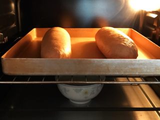 黑麦核桃枸杞面包,放入烤箱中进行二发, 烤箱底层放一碗温水保持湿度，二次发酵温度38度左右，湿度为85%。
