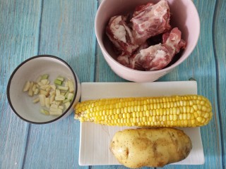 东北炖排骨,先准备好排骨，一根玉米，一个土豆，还有切好葱姜蒜。