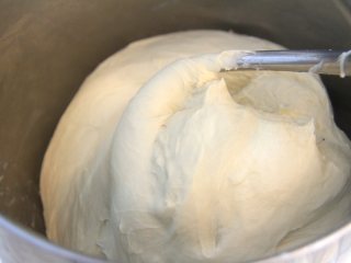 日式盐卷面包,将除黄油和盐外的面团材料加入厨师机搅拌桶，开启低档聚成团后转中速档揉面。