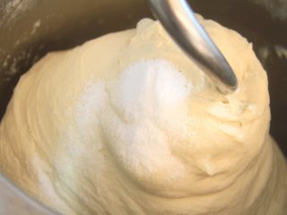 日式盐卷面包,黄油融合后加入盐，中速档揉面。