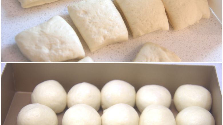 日式盐卷面包,发酵好的面团取出稍排气，分成约50g一个，滚圆后松驰15分钟。