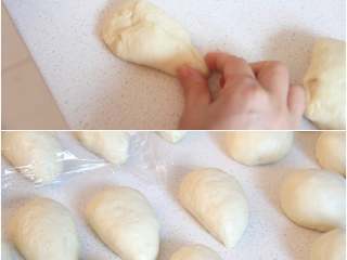 日式盐卷面包,将松弛后的面团拍压成椭圆状，翻面横放，从一头的两边向内折，翻面后揉搓成水滴形，松弛15分钟。