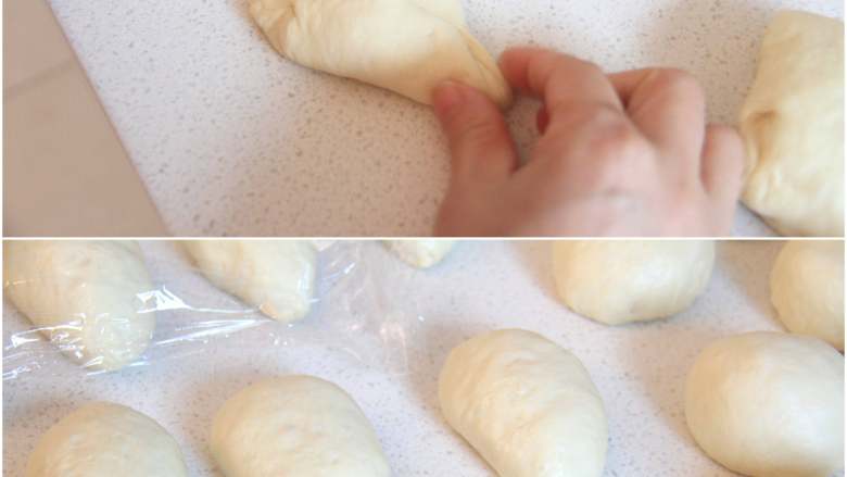 日式盐卷面包,将松弛后的面团拍压成椭圆状，翻面横放，从一头的两边向内折，翻面后揉搓成水滴形，松弛15分钟。