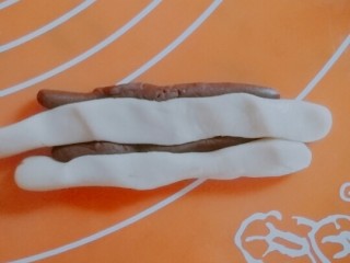 桃山皮月饼,取一份可可桃山皮分成2份，搓成长条，白色桃山皮也分成2份搓成长条，把它们像麻花一样随意扭在一起压扁就可以，（图片当时忘记拍了）