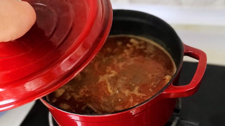 铸铁珐琅锅·红烧牛肉面,搅匀后转小火，加盖炖1.5～2小时，ps:如果中途揭盖觉得汤太少需要加水，必须加开水；