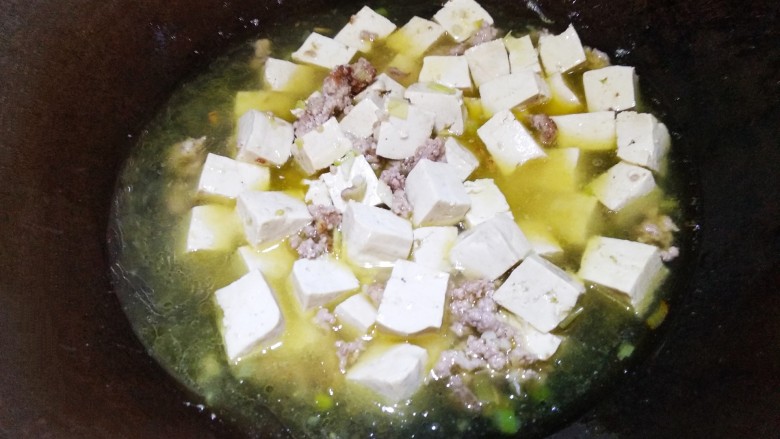 肉末烧豆腐,放入适量的清水，没过豆腐，然后盖上盖子烧。