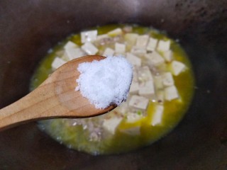 肉末烧豆腐,水开后打开锅盖，放少许盐翻均匀，继续盖上盖子烧。