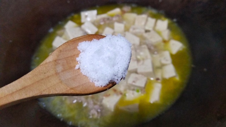 肉末烧豆腐,水开后打开锅盖，放少许盐翻均匀，继续盖上盖子烧。