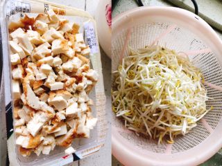 飘香春卷,油豆腐切成丁，豆芽用手稍微捏几下碎一些。