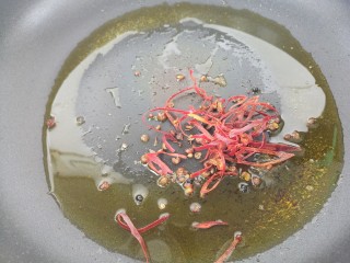下酒菜牛肉炒酒鬼花生,接着另起锅，把辣椒丝和花椒放进去炒香。