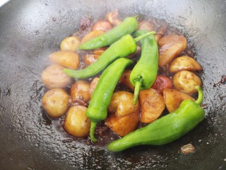 酱小土豆,炖十五到二十分钟左右，把水炖干。然后加入青椒。