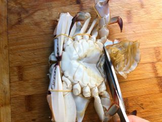 蟹炒白粿,用刷子把梭子蟹的外壳刷干净，剪掉腹腔