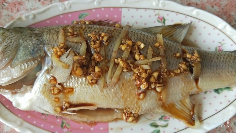 家常菜清蒸鲈鱼,把蒜末汁淋在蒸好的鱼上