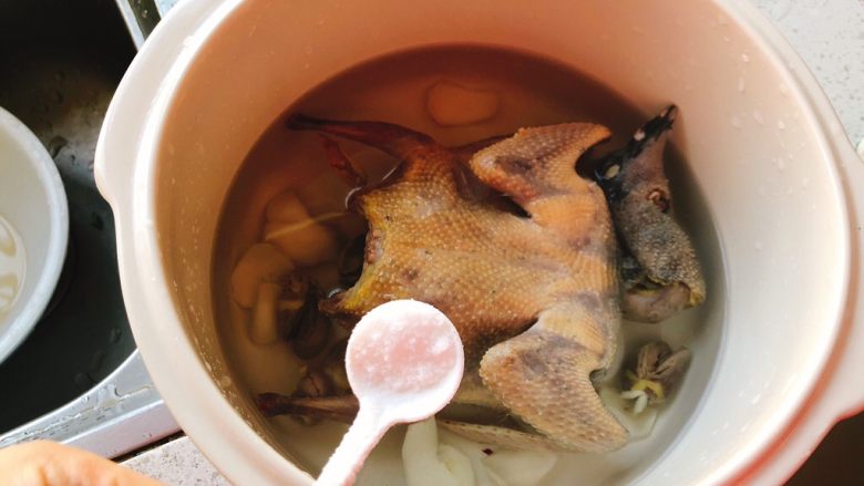 百合炖鸽子-滋补好汤,加入1勺半的盐。