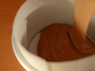 发酵版简单红糖马拉糕 ,倒入铺好烘焙纸的模具中，发酵30分钟，