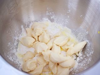 椰蓉排包（中种法）,把主面团除了黄油按先液体再固定的顺序加入，再把发酵好的中种面团剪成小块放进去