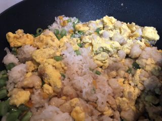 鱼米之乡蛋炒饭,下其余盐、生抽，以及鸡蛋鱼肉，炒匀即可。
