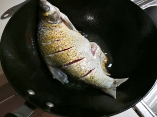 香菜鳊鱼,热锅凉油放入鳊鱼中火煎至金黄