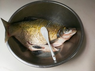 香菜鳊鱼,鳊鱼刮去鱼鳞去掉内脏和鱼鳃清洗干净，放入一小勺盐，抹匀腌制一小时