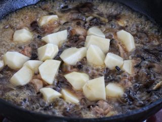 红烧鸡腿蘑菇,放入土豆块，继续炖煮20分钟左右至土豆软熟