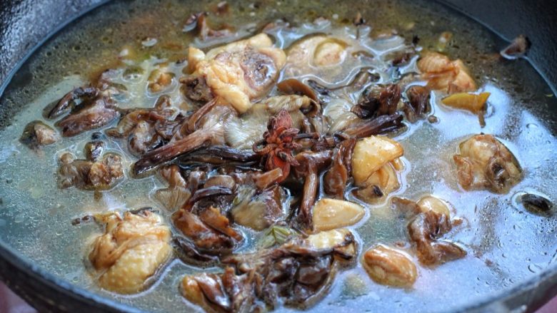 红烧鸡腿蘑菇,添入适量清水没过锅中食材，投入八角，大火煮开后改中小火炖煮20分钟
