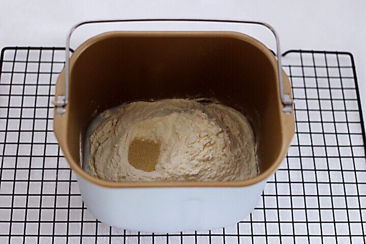 十味  牛奶刀切双色馒头（基础版）,除了红曲粉，把所有的食材倒入面包桶里。