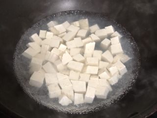 十味 家常豆瓣烧豆腐,锅中放盐（配方外）水烧开之后，将豆腐块放入锅中焯水。