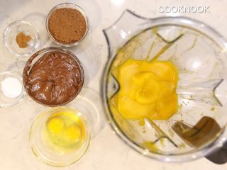 南瓜巧克力布朗尼,将巧克力榛子酱，泡打粉，肉桂粉，蛋，无糖可可粉加到果汁机里搅打均匀