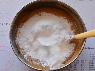 红糖枣糕,再过一次筛，筛进搅拌好的枣糊里面，用用刮刀画Z字形快速翻拌均匀

