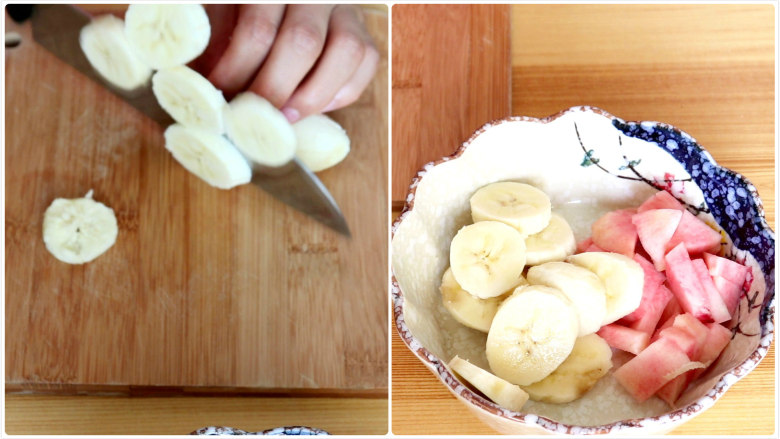 水果燕麦粥,<a style='color:red;display:inline-block;' href='/shicai/ 610'>香蕉</a>切片，蜜桃切片
tips：根据宝宝适应的性状，可以将水果切成小碎丁，小块儿都是可以的