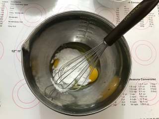 巧克力玛德琳,鸡蛋打入盆中，加入细砂糖，用蛋抽将蛋液搅打均匀，细砂糖完全融化。