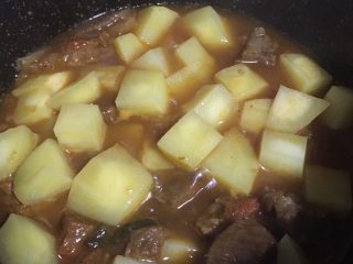 番茄土豆炖牛腩,1️⃣3️⃣ 然后加入土豆块继续小火慢炖，土豆煮至可以用筷子🥢戳进去即可，不要煮太烂了。