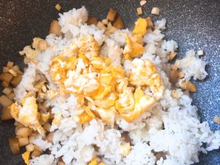 杏鲍菇火腿蛋炒饭,加入米饭和鸡蛋