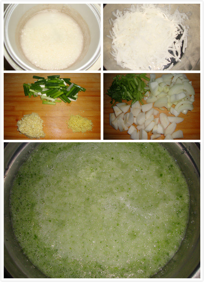 韩式辣白菜,白萝卜擦丝，梨、洋葱、芹菜打成糊。姜蒜切末，香葱切段