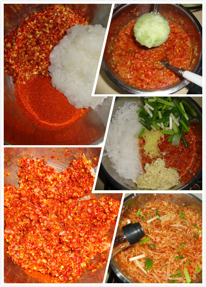 韩式辣白菜,糯米煮粥放凉，粗细辣椒面1:3用糯米粥拌匀。所有的调味料放在一起加鱼露、盐、味精拌匀