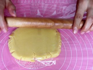 卡通黄油饼干,将面团盖上保鲜膜，用擀面杖擀开
tips：厚度根据自己喜欢而定，但是不建议太薄，一般30mm左右就可以
