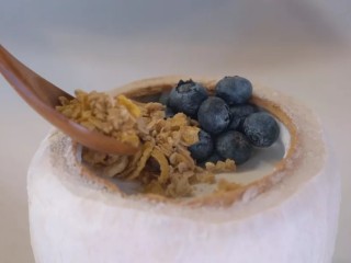 椰子奶冻,放上蓝莓、谷物、椰子脆片和棉花糖，插上饼干装饰。